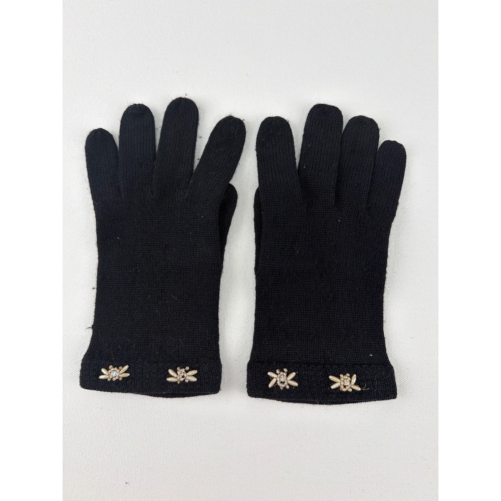 Knit Gloves Women's OS Black Pearl Rhinestone Embellished Coquette Wool Blend